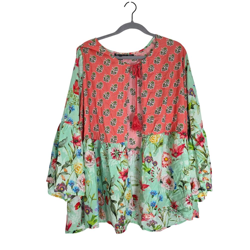 Tolani Collection Boho Tassel Peplum Top Women's 3X Pink Green Flowy Blouse